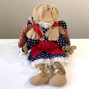 Vintage Americana Cloth Doll 11” Patriotic Folk Art Red White Blue Angel Wings